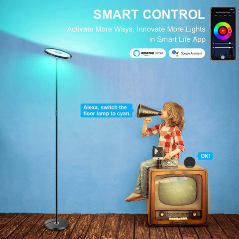Two-Sided Smart Floor Lamp With RGBCW Color, 2000 Lumens, 66 Inch Tall, Alexa and Google Home Ready near vintage TV and child