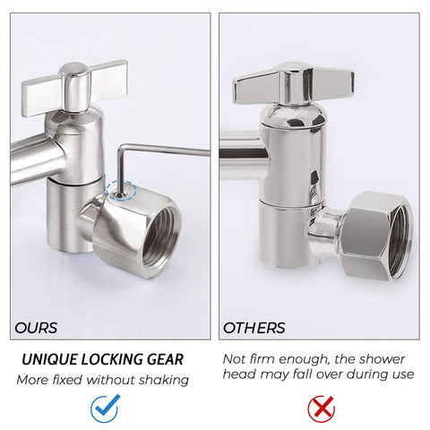 Comparison of locking gear feature on 12 Inch Rainfall Shower Head With Handheld Spray Combo In Brushed Nickel and competitor.