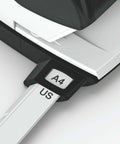 Close-up of guide bar on Two Hole Punch for 30 Sheets, Metal Office Workhorse With Guide Bar and Format Markings, Black NeXXt Range.