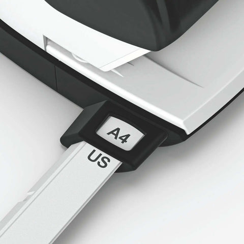 Close-up of guide bar on Two Hole Punch for 30 Sheets, Metal Office Workhorse With Guide Bar and Format Markings, Black NeXXt Range.