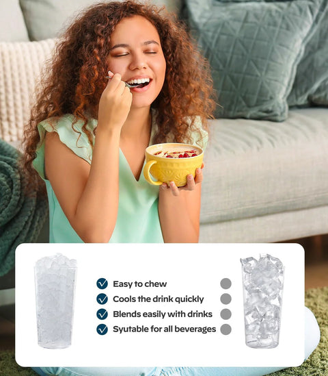 Countertop nugget ice maker Silonn in black, lifestyle shot of a woman enjoying a drink.