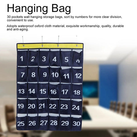 Slick Heavy Duty 30 Pocket Wall Hanging Storage Bag Oxford Cloth Organizer 31x24 inches for phones, chargers, and keys, durable use.