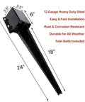 Close-up of Six Pack Heavy Duty Fence Post Anchors And Ground Spikes Rock Solid 24 Inch Metal Stakes in black, showing dimensions and features.