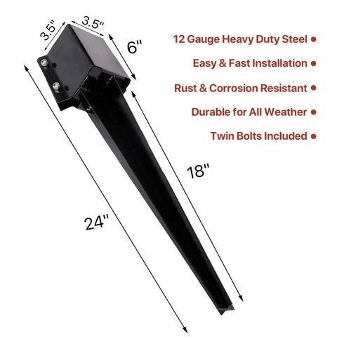 Close-up of Six Pack Heavy Duty Fence Post Anchors And Ground Spikes Rock Solid 24 Inch Metal Stakes in black, showing dimensions and features.