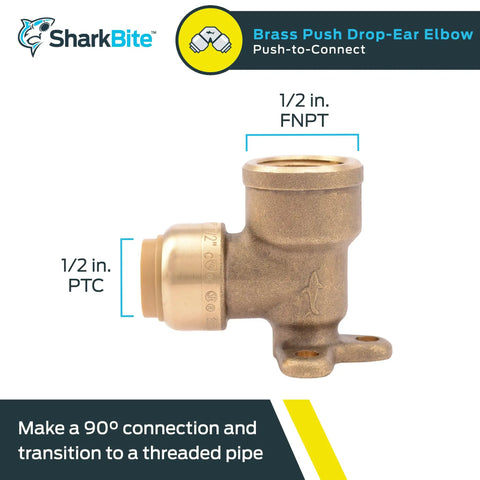 One Half Inch Push To Connect Brass Drop Ear Elbow FNPT 90 Degree Plumbing Fitting For PEX Copper CPVC PERT HDPE Piping With Mounting Ears For Quick No Fuss Fit In Tight Spaces U334LFA