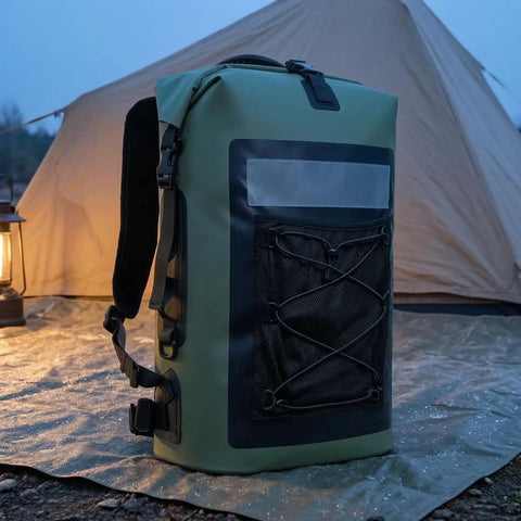 Waterproof Roll-Top Backpack With Padded Straps 35L Daypack For Hiking And Camping, green, next to a tent at dusk
