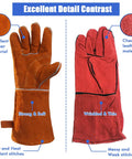 Heavy Duty Heat Resistant Leather Welding Gloves With Fireproof Stitching For Welders Fireplace BBQ And Gardening Durable Full Cow Split Leather Back Comfy Fit Than Rigid Gloves CE EN388 EN407 Certified next to cheaper alternative showing material quality and stitching.