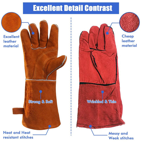 Heavy Duty Heat Resistant Leather Welding Gloves With Fireproof Stitching For Welders Fireplace BBQ And Gardening Durable Full Cow Split Leather Back Comfy Fit Than Rigid Gloves CE EN388 EN407 Certified next to cheaper alternative showing material quality and stitching.