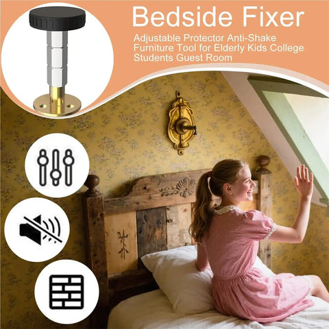 Adjustable Furniture Feet Set 12 Pack Self Adhesive Bed Frame Stabilizers displayed with a young girl on a bed in a cozy room