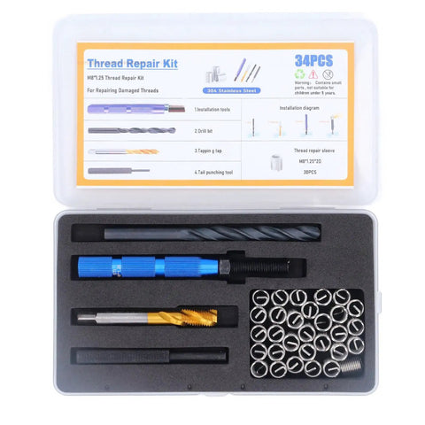 Complete Pro Grade M8 Thread Repair Insert Kit With 34 Pieces In 304 Stainless Steel for Metric Threads M8 x 1.25 2D Inserts