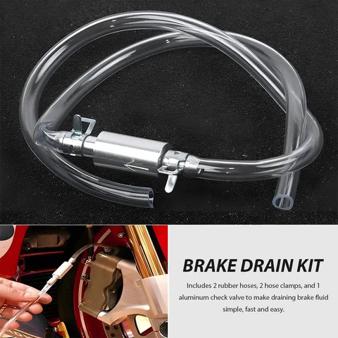 Brake Bleeder Hose Kit With One Way Valve And Clamps For Cars And Motorcycles, showing transparent hose and valve components.