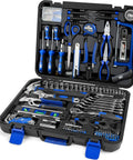 259-Piece General Household Tool Kit Set With Plastic Storage Toolbox, Portable Complete Repair Tool Box For Home And Car, Durable Chrome Vanadium Hand Tools, Non-Slip Grips, Blue in open blue hard-shell case showing organized wrenches, sockets, and screwdrivers.