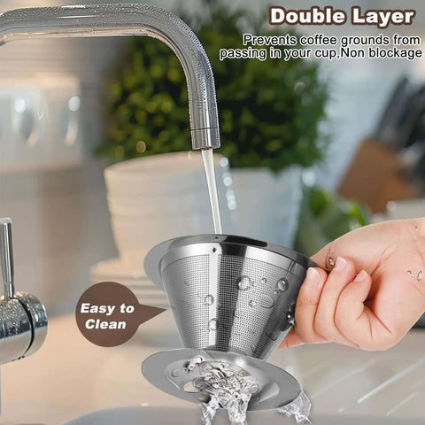 Person rinsing Stainless Steel Pour Over Coffee Filter Dripper For One To Two Cups under faucet, showing easy to clean feature.