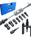12 Piece Motorcycle Blind Inner Bearing Puller Kit With Slide Hammer And Collets 8mm To 25mm shown with tools and carrying case