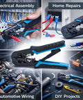 Ratcheting Crimping Tool Kit For Cat5 Ethernet With 8P And 6P Heads, used for wiring and repairs in automotive and DIY projects.