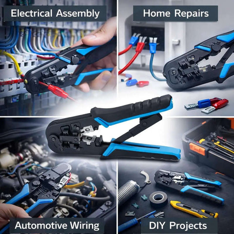 Ratcheting Crimping Tool Kit For Cat5 Ethernet With 8P And 6P Heads, used for wiring and repairs in automotive and DIY projects.