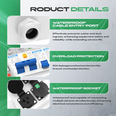 Details of Go-To 110V IP65 Weatherproof Breaker Box With NEMA 5-20 Outlet, showcasing features like waterproof entry and overload protection.