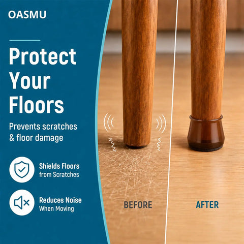 Heavy Duty Silicone Chair Leg Protectors With Felt Bottoms Keep Hardwood Floors Pristine in before and after setup.