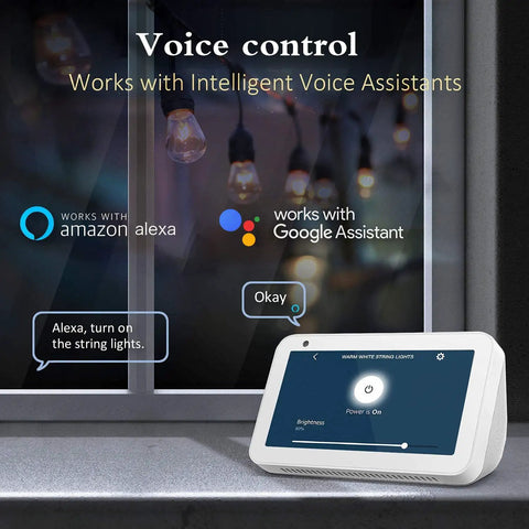 Voice control interface for Solar Powered Outdoor String Lights 27ft RGB Color Changing, Dimmable Edison Bulbs, WiFi and Alexa compatibility.