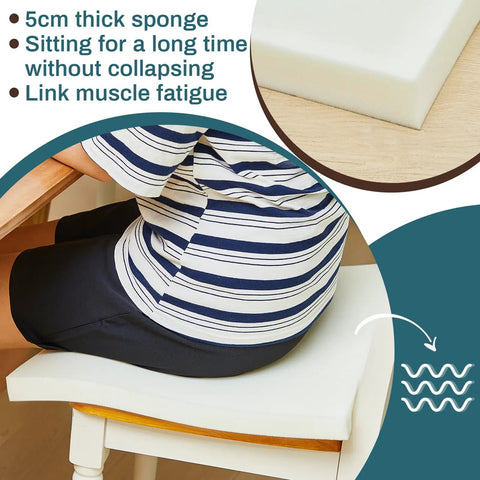 Person sitting on thick foam cushion, close-up of 5cm sponge detail, demonstrating comfort and support for long seating sessions.