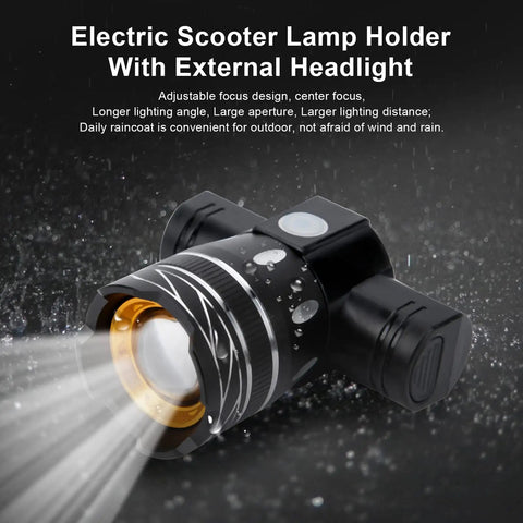 USB Rechargeable LED Headlight For Electric Scooters And Bikes, weatherproof aluminum alloy with adjustable focus, front view.