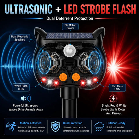 Solar Ultrasonic Animal Repeller With LED Strobe, Motion Sensor, And Adjustable Volume For Yard Deterrence Against Deer, Cats, Skunks, Squirrels, Raccoons Fortress Pro 4 Pack showing ultrasonic speakers and PIR sensor
