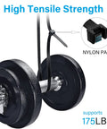 Beefy Heavy Duty Outdoor Zip Ties 48 Inch Long 175 Pound Tensile Strength securing a dumbbell, showcasing PA66 nylon material.