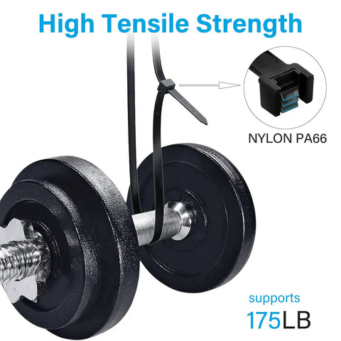 Beefy Heavy Duty Outdoor Zip Ties 48 Inch Long 175 Pound Tensile Strength securing a dumbbell, showcasing PA66 nylon material.