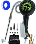 Heavy Duty Tire Pressure Gauge With Large Glow Dial And Steel Braided Hose Reaching Two Hundred Thirty Psi Via Quick Connect Coupler.