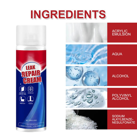 Leak repair cream bottle with ingredients listed: acrylic emulsion, aqua, alcohol, polyvinyl alcohol, sodium alkylbenzenesulfonate