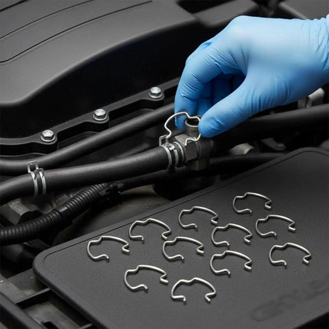 Top Grade 18 Piece Vehicle Quick Connector Hose Clip Retainer Clamp Kit Made Of Heavy Duty Steel Spring Fasteners For Fast Auto Repairs And Diy Garage Jobs To Fix Leaks And Make Fluid Lines Super Secure Today. 18-piece steel spring hose clip kit on engine hose