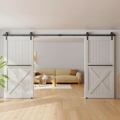 12 Foot Sliding Barn Door Hardware Kit Fits Double Doors Up To 36 Inch Wide Heavy Duty Carbon Steel Track With Premium Ball Bearings Rust Resistant Black Powder Coat And Quiet Smooth Nylon Wheels Easy To Install Doors Not Included installed in a living room with white doors