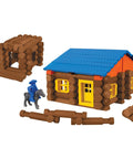 Oak Creek Lodge Wooden Building Set With 137 Real Maple Logs featuring house and cowboy figure.