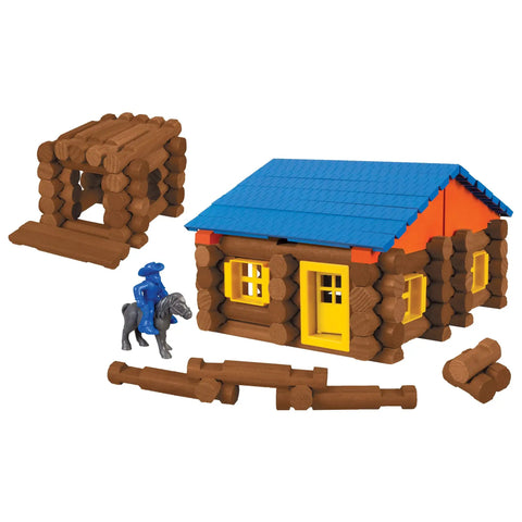 Oak Creek Lodge Wooden Building Set With 137 Real Maple Logs featuring house and cowboy figure.