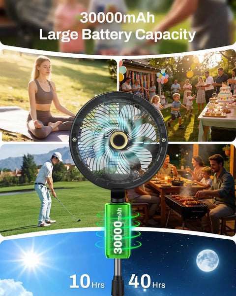 No Hose Needed Misting Fan With Built In Pump 12 Inch Portable Outdoor Oscillating Pedestal Fan With Remote And Timer Spray Mist System For Patio Or Bedroom 30000mAh Rechargeable Battery Keeps Ya Cool All Day, showing large battery capacity and various usage scenarios