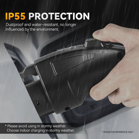 Tesla To SAE J1772 EV Charging Adapter Black 48A 250V AC showing IP55 protection against dust and water.