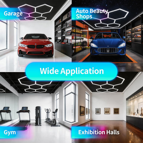 Beast Bright Hexagon LED Garage Light Kit 168W 16,800 Lumens 6500K displayed in garage, gym, auto shop, and exhibition hall.