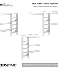 Solid Pure White Closet Organizer Kit With Double Doors And Three Hanging Rods Plus Four Roomy Drawers And Adjustable Heights displaying three angles of the tower kit with shelves.