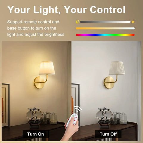 Top Tier Battery Operated Wall Sconces With Wrinkle Free Fabric Shade And Handy Remote Control For Chill Ambient Bedroom Lighting Modern Room Upgrade Set, showing remote control operation.
