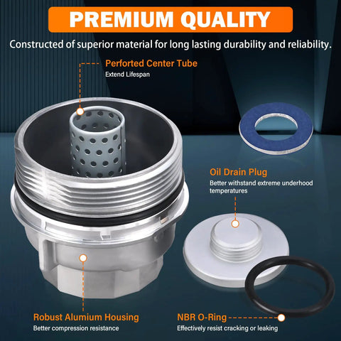 Beefed Up Aluminum Oil Filter Housing Cap Assembly Kit 6061 T6 Billet Aluminum Construction Leakproof Seal components displayed