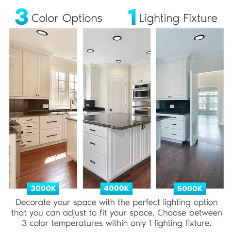 Kitchen with 7 Inch LED Flush Mount Ceiling Light Fixture, three color options 3000K, 4000K, 5000K, black trim.