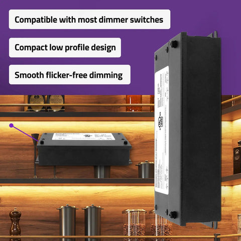 Dimmable LED Driver 24V 60W with Smooth No Fuss Flicker Free Dimming for Triac, displayed in a kitchen setting, compact design.