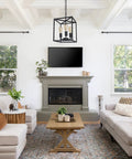 Industrial Farmhouse Plug In Pendant Light With 16.9ft Cord above living room, modern rustic vibe, black square chandelier.