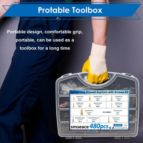 Person holding a portable toolbox with 480 piece drywall anchors and self drilling screws kit for hanging frames curtains plants clocks
