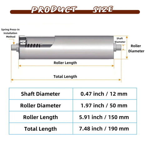 Built Tough Stainless Steel Conveyor Roller Two Inch By Six Inch Length With Precision Bearings dimensions with labeled sizes.