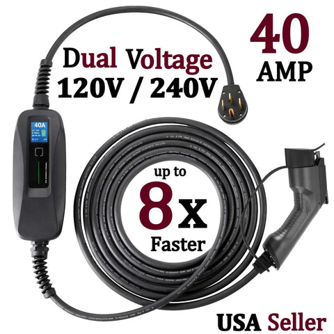 40 Amp Level 2 EV Charger With Dual Voltage 120V And 240V Portable Charging Station NEMA 14-50P J1772 with coiled cable
