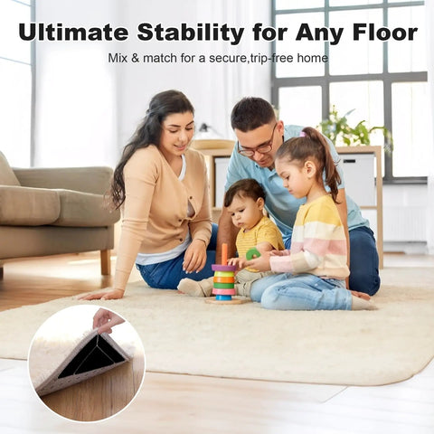 Family playing on rug with focus on 14 Pack Rug Grippers Set With Triangle Trapezoid And Square Shapes Non Slip Double Sided Rug Tape.