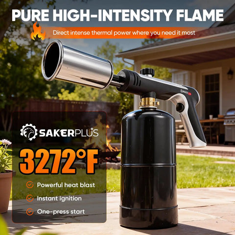 High Heat Propane Torch Gun With Adjustable Flame And Safety Lock for BBQ Grilling and DIY, reaching 3272°F, in garden setting