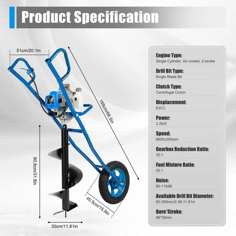 Gas Powered Post Hole Digger Earth Auger 63cc 2-Stroke 3HP With 11 Inch Bit Heavy Duty Ground Drill product design and specifications