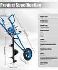 63Cc Gas Powered Post Hole Digger With Forward And Reverse Operation Auger Bit Range 2.36 To 11.81 Inches Heavy Duty Cast Iron And Aluminum Construction For Farm Garden And Yard Use Blue shown with specifications.